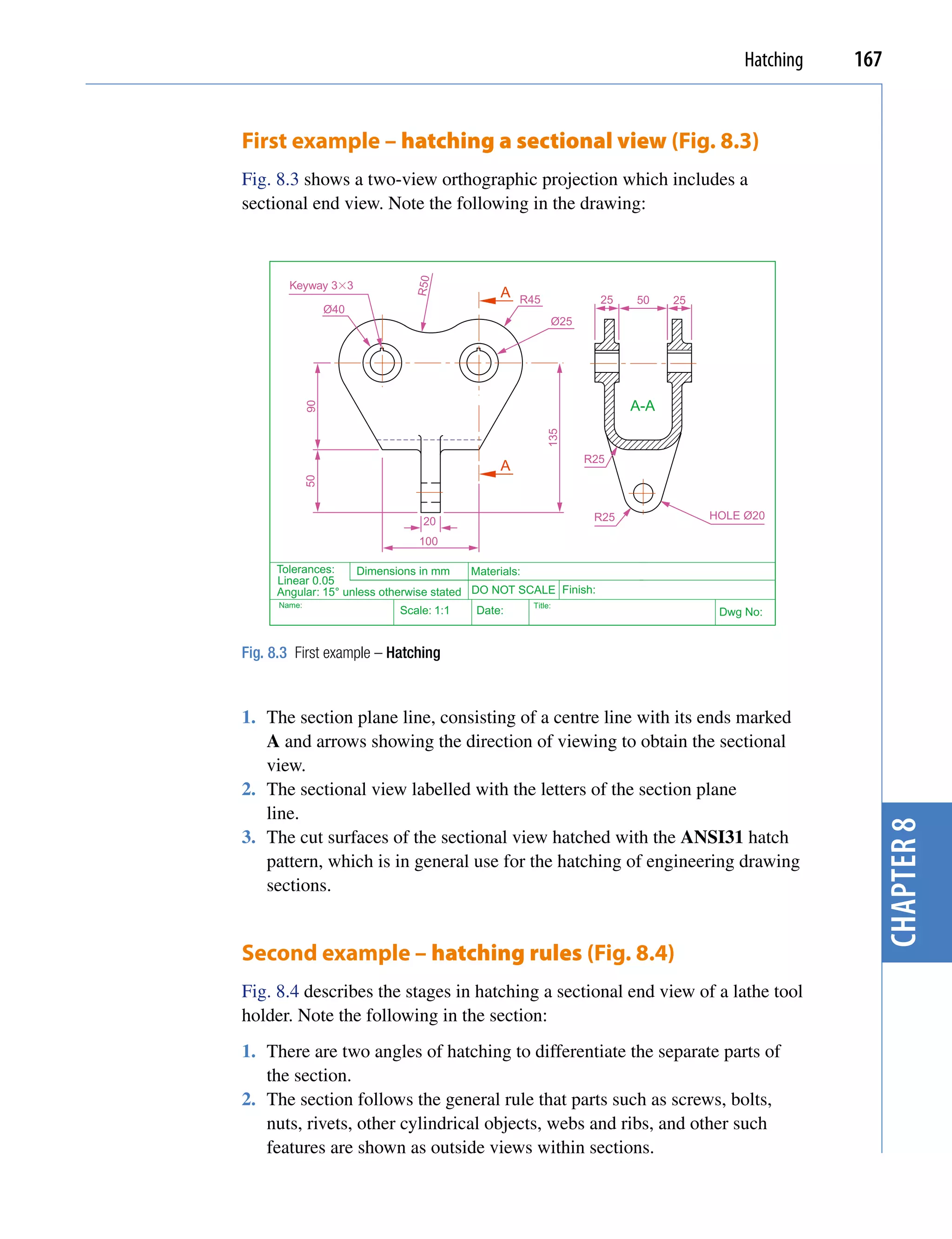 Hatching   167


First example – hatching a sectional view (Fig. 8.3)
Fig. 8.3 shows a two-view orthographic projection which includes a
sectional end view. Note the following in the drawing:




                              R50
        Keyway 3�3
                                            A   R45              25   50    25
                   Ø40
                                                       Ø25




                                                                      A-A
              90




                                                      135
                                                             R25
                                            A
              50




                                                              R25                HOLE Ø20
                               20
                              100

     Tolerances:    Dimensions in mm      Materials:
     Linear 0.05
     Angular: 15° unless otherwise stated DO NOT SCALE Finish:
      Name:                                       Title:
                           Scale: 1:1   Date:                                     Dwg No:


Fig. 8.3 First example – Hatching



1. The section plane line, consisting of a centre line with its ends marked
   A and arrows showing the direction of viewing to obtain the sectional
   view.
2. The sectional view labelled with the letters of the section plane
   line.




                                                                                                   chapter 8
3. The cut surfaces of the sectional view hatched with the ANSI31 hatch
   pattern, which is in general use for the hatching of engineering drawing
   sections.


Second example – hatching rules (Fig. 8.4)
Fig. 8.4 describes the stages in hatching a sectional end view of a lathe tool
holder. Note the following in the section:
1. There are two angles of hatching to differentiate the separate parts of
   the section.
2. The section follows the general rule that parts such as screws, bolts,
   nuts, rivets, other cylindrical objects, webs and ribs, and other such
   features are shown as outside views within sections.
 