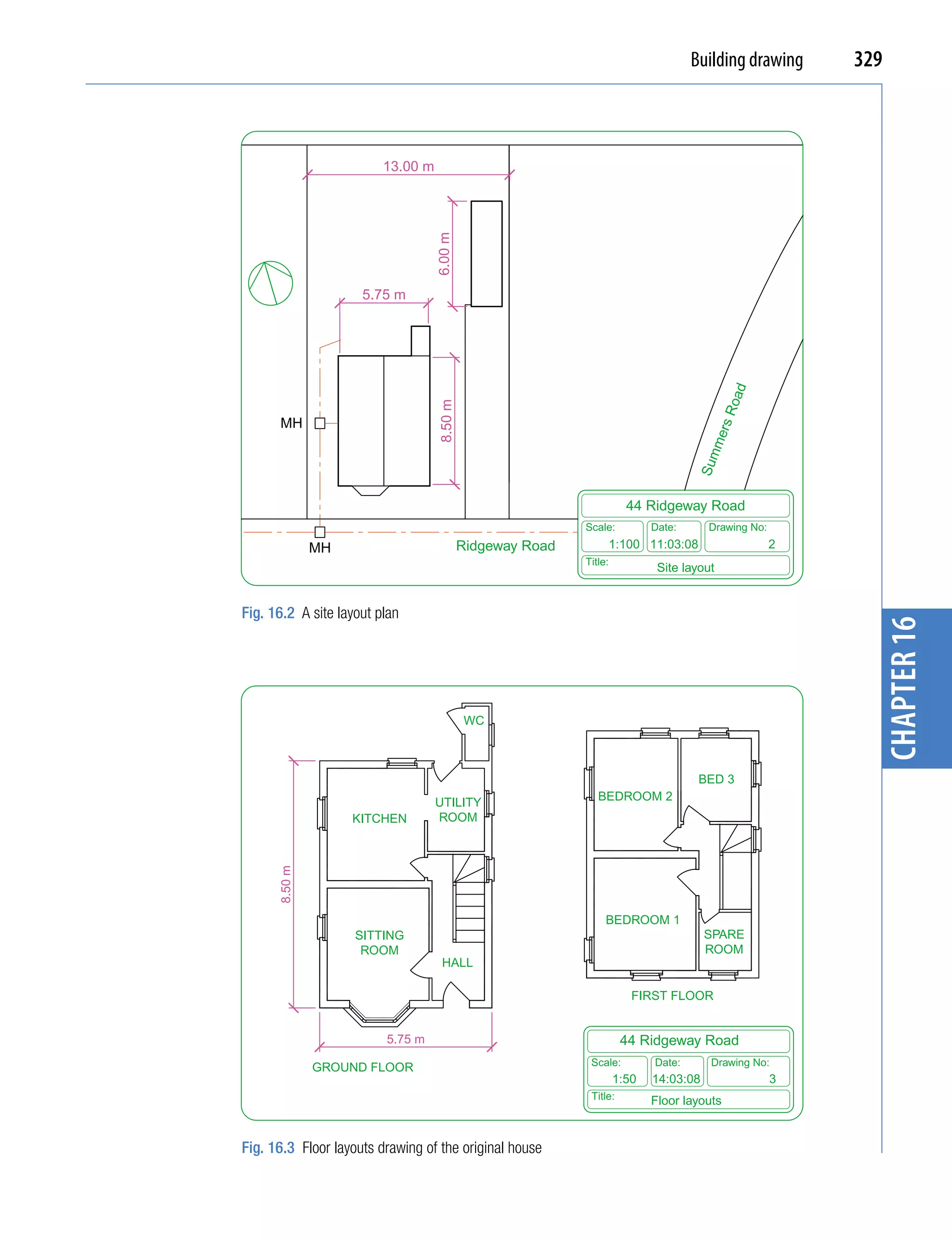 Building drawing     329



                         13.00 m




                                   6.00 m
                     5.75 m




                                                                                            oad
                                   8.50 m




                                                                                           rs R
      MH




                                                                                       me
                                                                                    Sum
                                                                       44 Ridgeway Road
                                                            Scale:          Date:      Drawing No:

               MH                           Ridgeway Road        1:100 11:03:08                      2
                                                            Title:
                                                                             Site layout


Fig. 16.2 A site layout plan




                                                                                                           chapter 16
                                            WC



                                                                                     BED 3
                                   UTILITY                     BEDROOM 2
                    KITCHEN        ROOM
      8.50 m




                                                                 BEDROOM 1
                    SITTING                                                            SPARE
                     ROOM                                                              ROOM
                                     HALL

                                                                        FIRST FLOOR


                         5.75 m                                       44 Ridgeway Road
                                                             Scale:         Date:      Drawing No:
               GROUND FLOOR
                                                                     1:50   14:03:08                 3
                                                             Title:         Floor layouts


Fig. 16.3 Floor layouts drawing of the original house
 