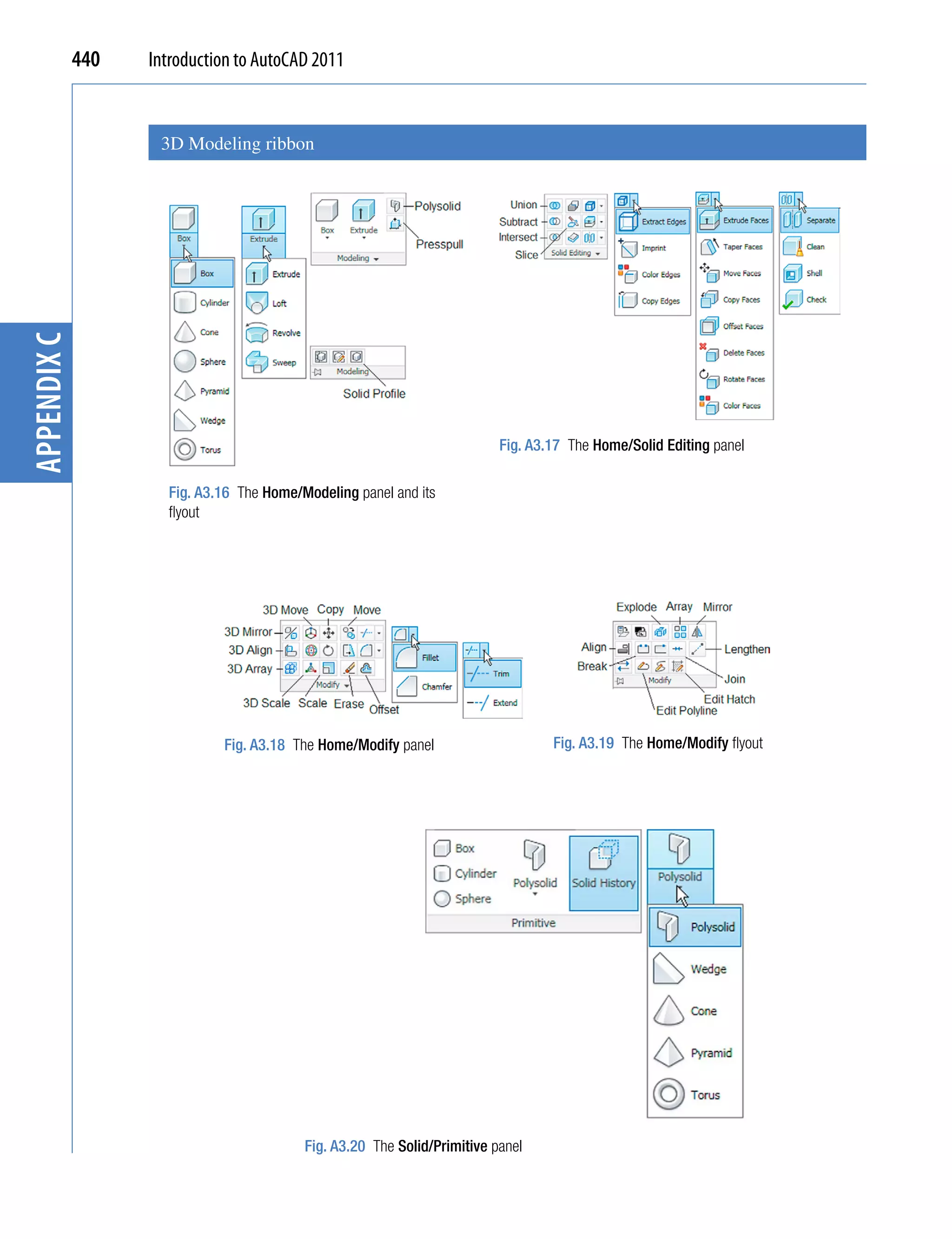 440   Introduction to AutoCAD 2011


                    3D Modeling ribbon
appendix C




                                                                          Fig. A3.17 The Home/Solid Editing panel

                     Fig. A3.16 The Home/Modeling panel and its
                     flyout




                             Fig. A3.18 The Home/Modify panel                     Fig. A3.19 The Home/Modify flyout




                                          Fig. A3.20 The Solid/Primitive panel
 