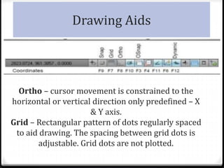 Drawing Aids
Ortho – cursor movement is constrained to the
horizontal or vertical direction only predefined – X
& Y axis.
Grid – Rectangular pattern of dots regularly spaced
to aid drawing. The spacing between grid dots is
adjustable. Grid dots are not plotted.
 