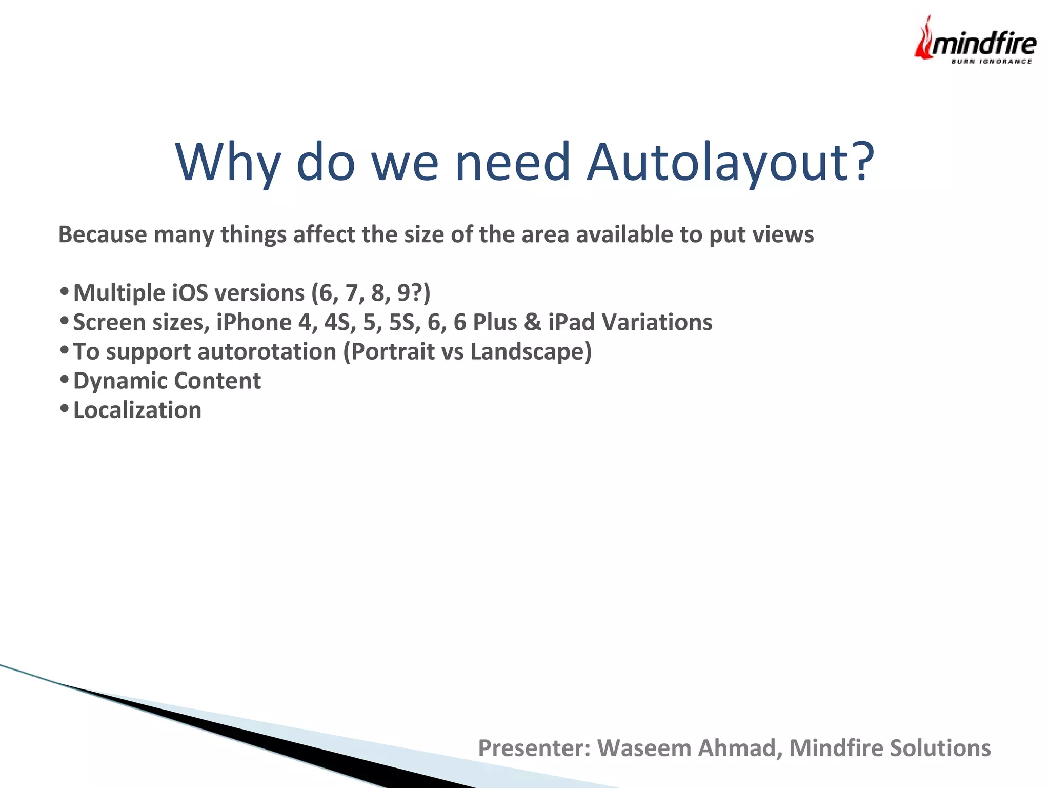 Why do we need Autolayout?
Because many things affect the size of the area available to put views
•Multiple iOS versions (6, 7, 8, 9?)
•Screen sizes, iPhone 4, 4S, 5, 5S, 6, 6 Plus & iPad Variations
•To support autorotation (Portrait vs Landscape)
•Dynamic Content
•Localization
Presenter: Waseem Ahmad, Mindfire Solutions
 