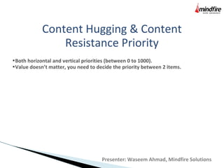 Content Hugging & Content
Resistance Priority
•Both horizontal and vertical priorities (between 0 to 1000).
•Value doesn’t matter, you need to decide the priority between 2 items.
Presenter: Waseem Ahmad, Mindfire Solutions
 