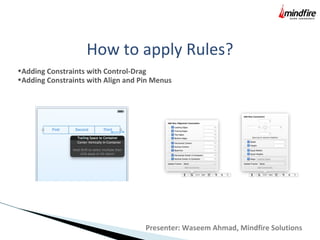 How to apply Rules?
•Adding Constraints with Control-Drag
•Adding Constraints with Align and Pin Menus
Presenter: Waseem Ahmad, Mindfire Solutions
 