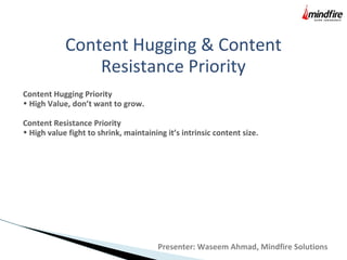 Content Hugging & Content
Resistance Priority
Content Hugging Priority
• High Value, don’t want to grow.
Content Resistance Priority
• High value fight to shrink, maintaining it’s intrinsic content size.
Presenter: Waseem Ahmad, Mindfire Solutions
 