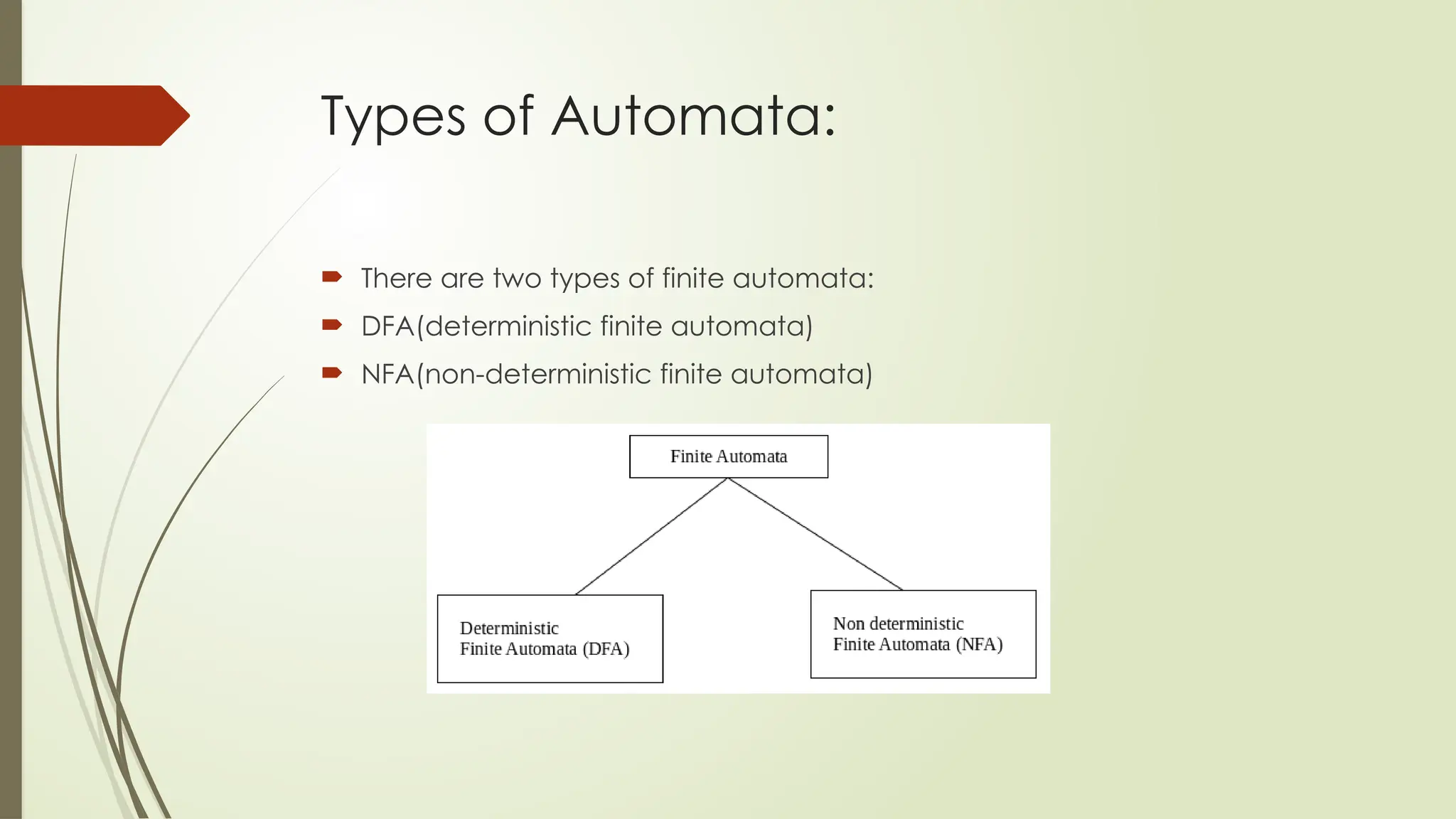 Types of Automata:
 There are two types of finite automata:
 DFA(deterministic finite automata)
 NFA(non-deterministic finite automata)
 