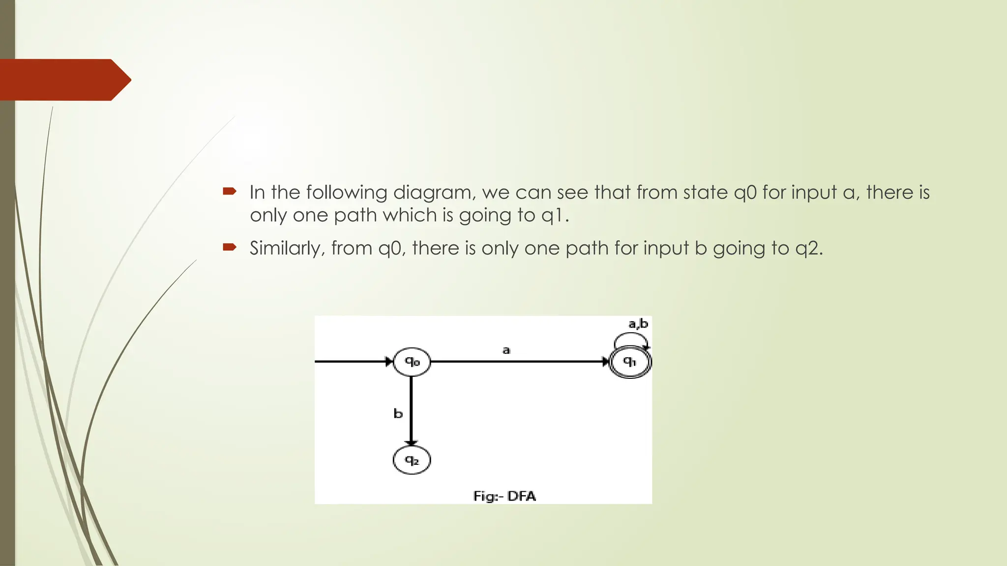  In the following diagram, we can see that from state q0 for input a, there is
only one path which is going to q1.
 Similarly, from q0, there is only one path for input b going to q2.
 