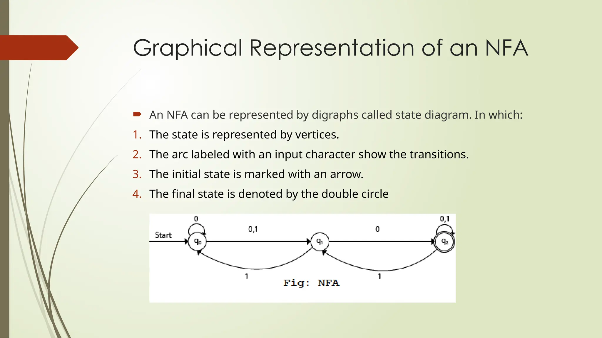 Graphical Representation of an NFA
 An NFA can be represented by digraphs called state diagram. In which:
1. The state is represented by vertices.
2. The arc labeled with an input character show the transitions.
3. The initial state is marked with an arrow.
4. The final state is denoted by the double circle
 