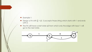  Example 1:
 Design a FA with ∑ = {0, 1} accepts those string which starts with 1 and ends
with 0.
 The FA will have a start state q0 from which only the edge with input 1 will
go to the next state.
 