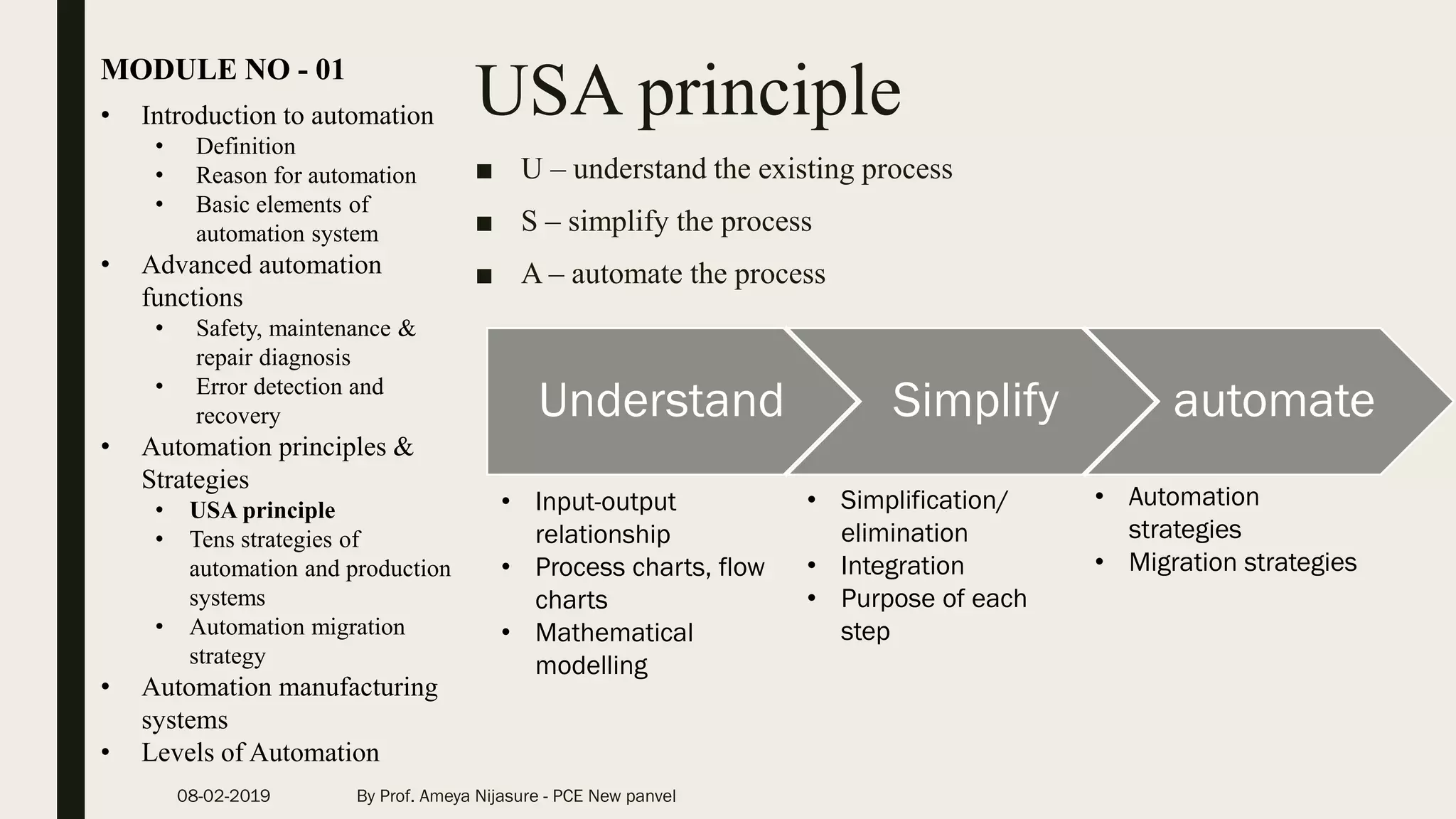 USA principle
■ U – understand the existing process
■ S – simplify the process
■ A – automate the process
• Introduction to automation
• Definition
• Reason for automation
• Basic elements of
automation system
• Advanced automation
functions
• Safety, maintenance &
repair diagnosis
• Error detection and
recovery
• Automation principles &
Strategies
• USA principle
• Tens strategies of
automation and production
systems
• Automation migration
strategy
• Automation manufacturing
systems
• Levels of Automation
MODULE NO - 01
Understand Simplify automate
• Input-output
relationship
• Process charts, flow
charts
• Mathematical
modelling
• Simplification/
elimination
• Integration
• Purpose of each
step
• Automation
strategies
• Migration strategies
08-02-2019 By Prof. Ameya Nijasure - PCE New panvel
 