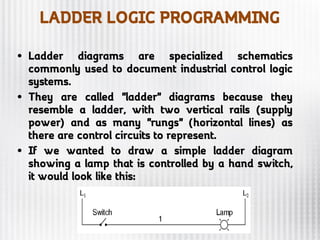 LADDER LOGIC PROGRAMMING
• Ladder diagrams are specialized schematics
commonly used to document industrial control logic
systems.
• They are called "ladder" diagrams because they
resemble a ladder, with two vertical rails (supply
power) and as many "rungs" (horizontal lines) as
there are control circuits to represent.
• If we wanted to draw a simple ladder diagram
showing a lamp that is controlled by a hand switch,
it would look like this:
 