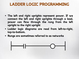 LADDER LOGIC PROGRAMMING
• The left and right uprights represent power. If we
connect the left and right uprights through a load,
power can flow through the rung from the left
upright to the right upright
• Ladder logic diagrams are read from left-to-right,
top-to-bottom.
• Rungs are sometimes referred to as networks
 
