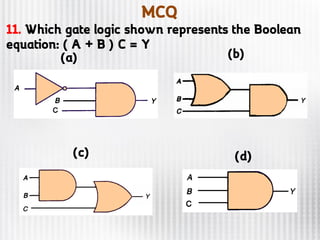 MCQ
11. Which gate logic shown represents the Boolean
equation: ( A + B ) C = Y
(a) (b)
(c) (d)
 