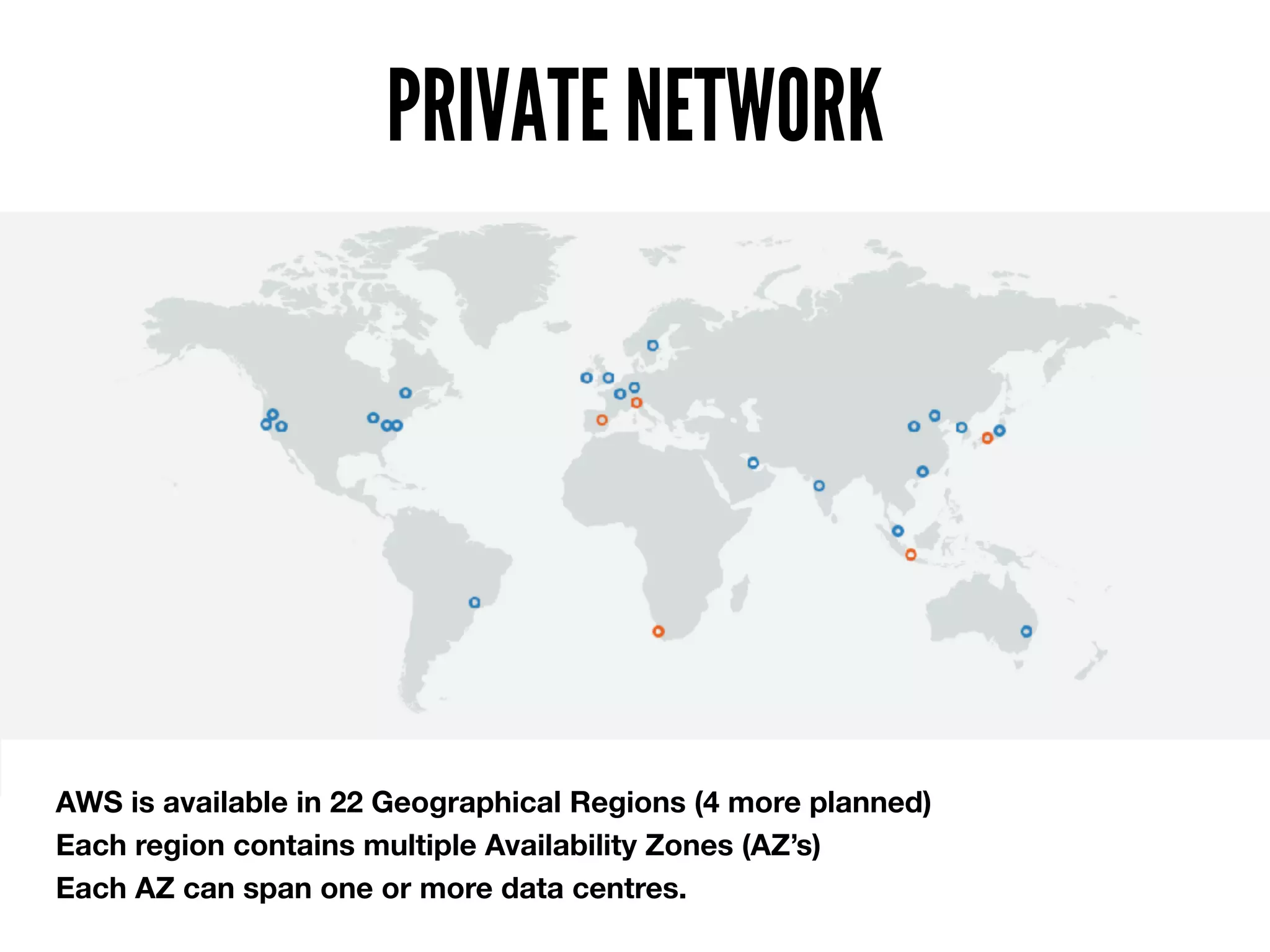 AWS is available in 22 Geographical Regions (4 more planned)
Each region contains multiple Availability Zones (AZ’s)
Each AZ can span one or more data centres.
PRIVATE NETWORK
 