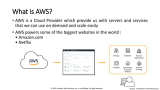 What is AWS?
• AWS is a Cloud Provider which provide us with servers and services
that we can use on demand and scale easily
• AWS powers some of the biggest websites in the world :
• Amazon.com
• Netflix
© 2020, Amazon Web Services, Inc. or its affiliates. All rights reserved. Source : Introduction to the AWS Cloud
 