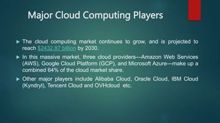 Major Cloud Computing Players
 The cloud computing market continues to grow, and is projected to
reach $2432.87 billion by 2030.
 In this massive market, three cloud providers—Amazon Web Services
(AWS), Google Cloud Platform (GCP), and Microsoft Azure—make up a
combined 64% of the cloud market share.
 Other major players include Alibaba Cloud, Oracle Cloud, IBM Cloud
(Kyndryl), Tencent Cloud and OVHcloud etc.
 