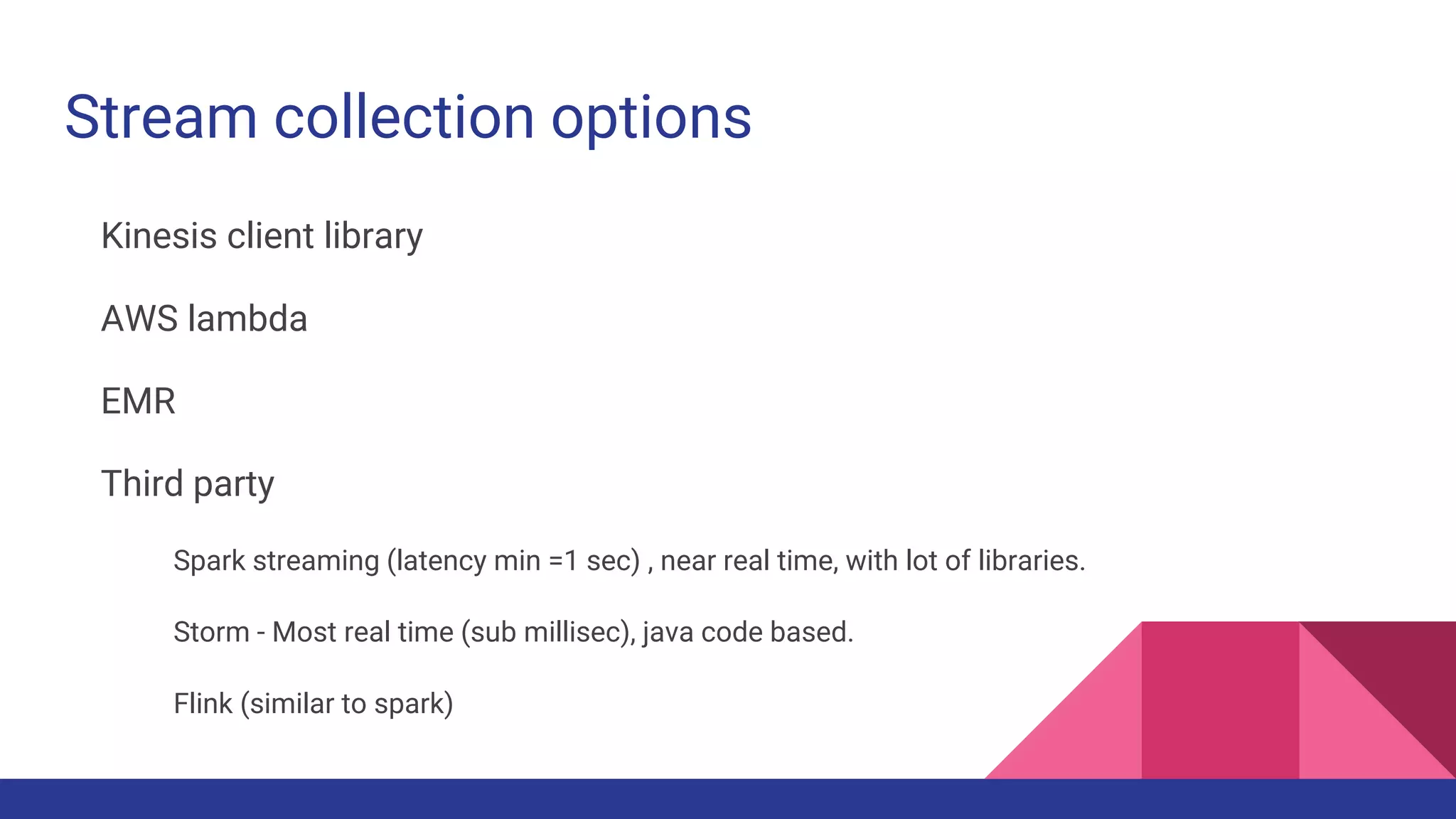 Stream collection options
Kinesis client library
AWS lambda
EMR
Third party
Spark streaming (latency min =1 sec) , near real time, with lot of libraries.
Storm - Most real time (sub millisec), java code based.
Flink (similar to spark)
 