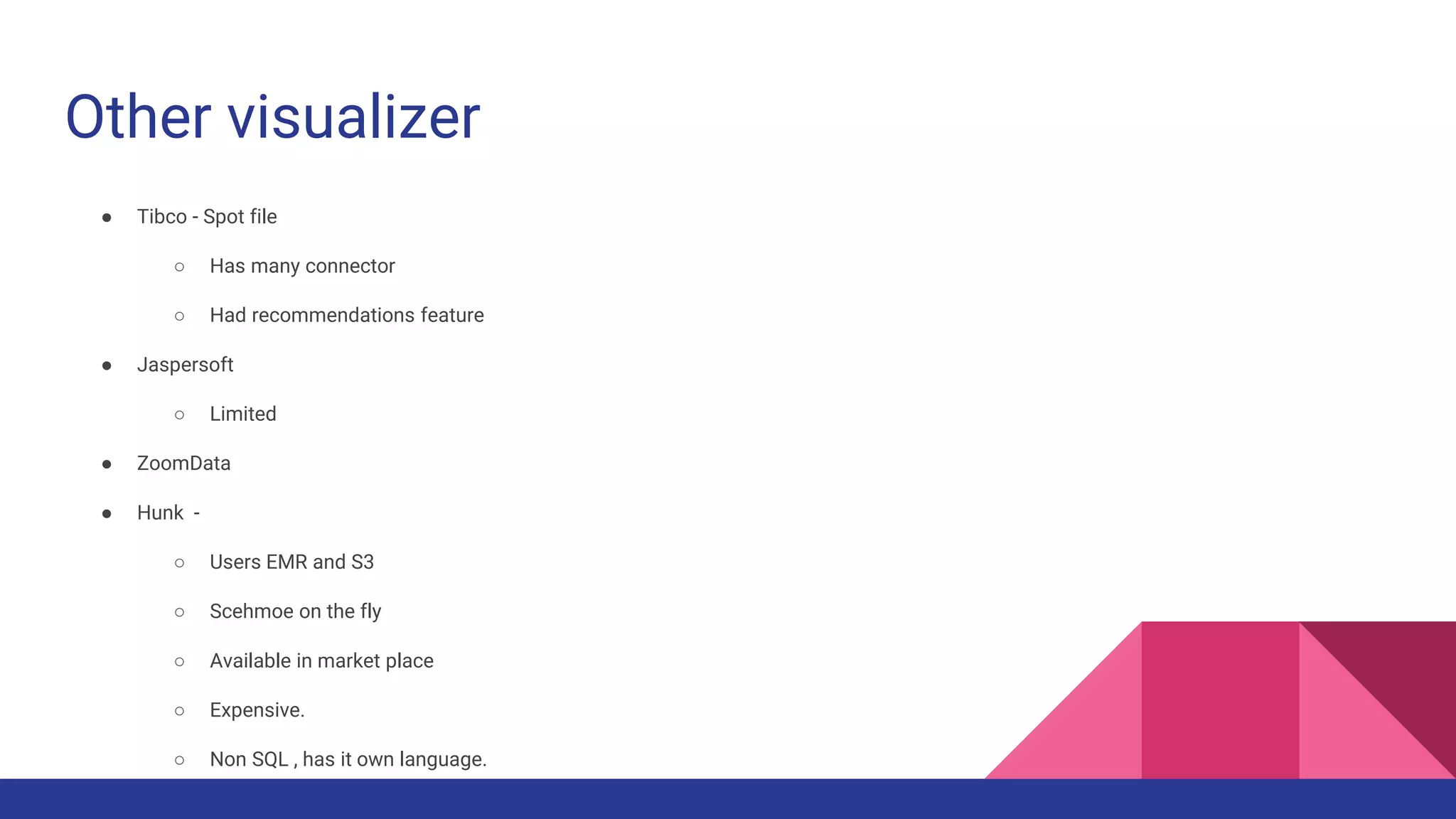 Other visualizer
● Tibco - Spot file
○ Has many connector
○ Had recommendations feature
● Jaspersoft
○ Limited
● ZoomData
● Hunk -
○ Users EMR and S3
○ Scehmoe on the fly
○ Available in market place
○ Expensive.
○ Non SQL , has it own language.
 