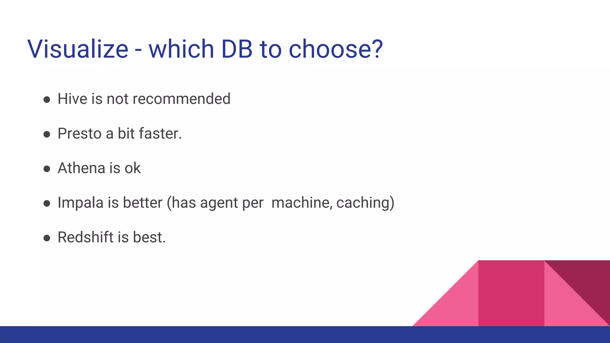 Visualize - which DB to choose?
● Hive is not recommended
● Presto a bit faster.
● Athena is ok
● Impala is better (has agent per machine, caching)
● Redshift is best.
 