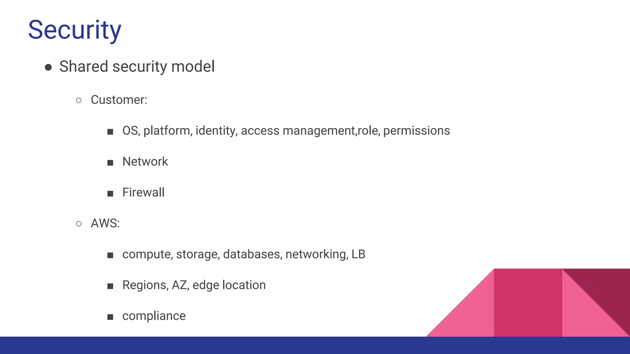 Security
● Shared security model
○ Customer:
■ OS, platform, identity, access management,role, permissions
■ Network
■ Firewall
○ AWS:
■ compute, storage, databases, networking, LB
■ Regions, AZ, edge location
■ compliance
 