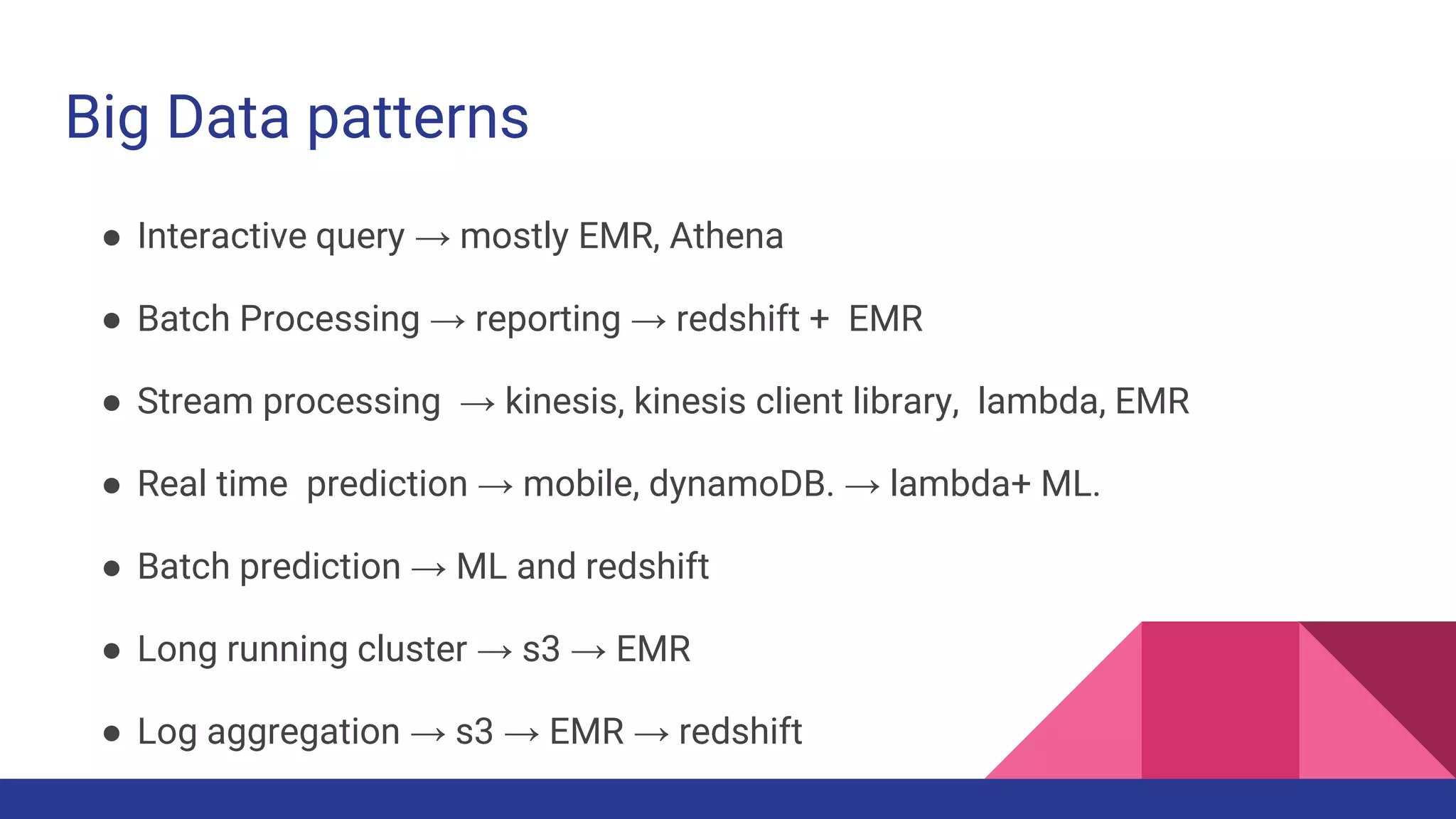 Big Data patterns
● Interactive query → mostly EMR, Athena
● Batch Processing → reporting → redshift + EMR
● Stream processing → kinesis, kinesis client library, lambda, EMR
● Real time prediction → mobile, dynamoDB. → lambda+ ML.
● Batch prediction → ML and redshift
● Long running cluster → s3 → EMR
● Log aggregation → s3 → EMR → redshift
 