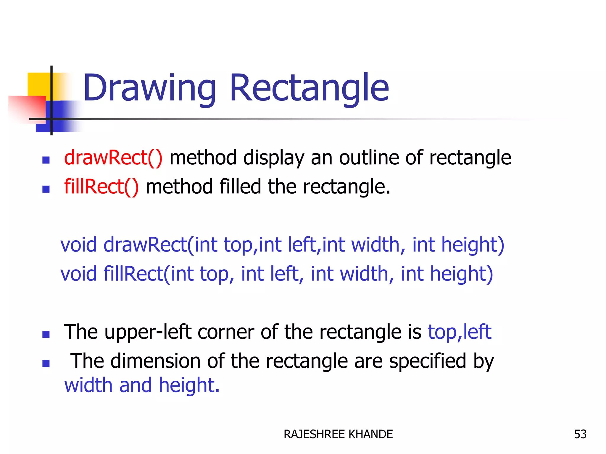 Drawing Rectangle
 drawRect() method display an outline of rectangle
 fillRect() method filled the rectangle.
void drawRect(int top,int left,int width, int height)
void fillRect(int top, int left, int width, int height)
 The upper-left corner of the rectangle is top,left
 The dimension of the rectangle are specified by
width and height.
53RAJESHREE KHANDE
 