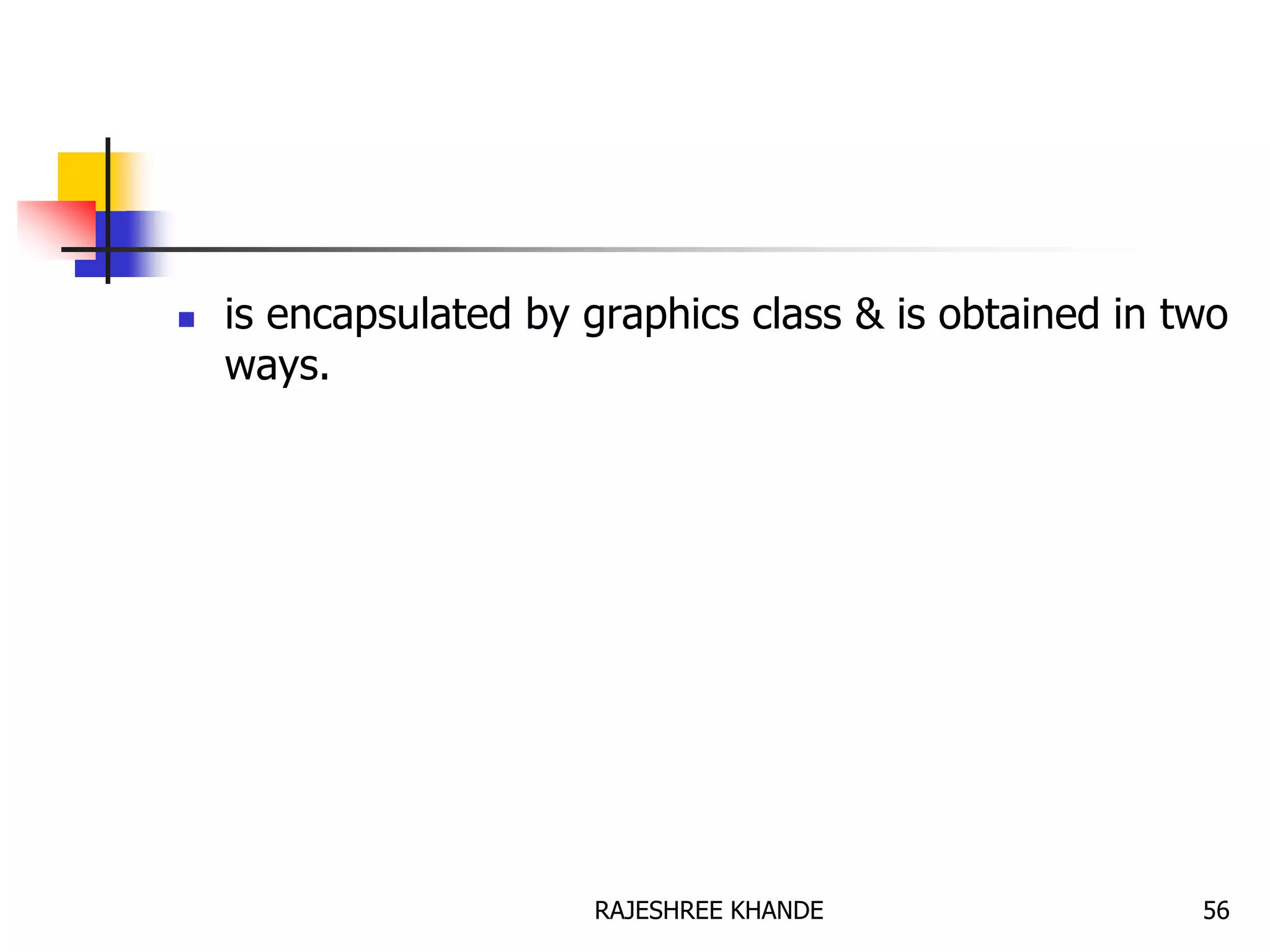 is encapsulated by graphics class & is obtained in two
ways.
56RAJESHREE KHANDE
 