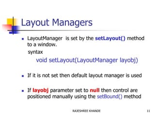 Layout Managers
 LayoutManager is set by the setLayout() method
to a window.
syntax
void setLayout(LayoutManager layobj)
 If it is not set then default layout manager is used
 If layobj parameter set to null then control are
positioned manually using the setBound() method
11RAJESHREE KHANDE
 
