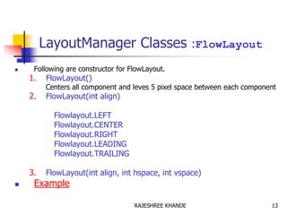 LayoutManager Classes :FlowLayout
 Following are constructor for FlowLayout.
1. FlowLayout()
Centers all component and leves 5 pixel space between each component
2. FlowLayout(int align)
Flowlayout.LEFT
Flowlayout.CENTER
Flowlayout.RIGHT
Flowlayout.LEADING
Flowlayout.TRAILING
3. FlowLayout(int align, int hspace, int vspace)
 Example
13RAJESHREE KHANDE
 