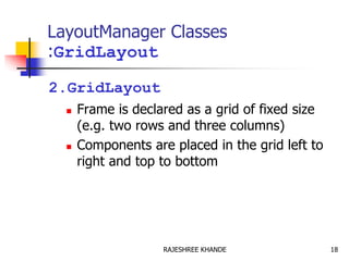 LayoutManager Classes
:GridLayout
2.GridLayout
 Frame is declared as a grid of fixed size
(e.g. two rows and three columns)
 Components are placed in the grid left to
right and top to bottom
18RAJESHREE KHANDE
 