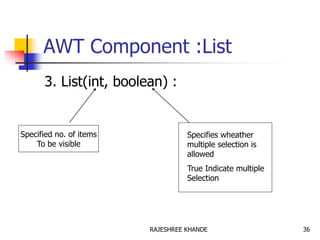 AWT Component :List
3. List(int, boolean) :
Specified no. of items
To be visible
Specifies wheather
multiple selection is
allowed
True Indicate multiple
Selection
36RAJESHREE KHANDE
 