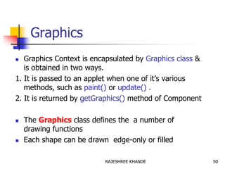 Graphics
 Graphics Context is encapsulated by Graphics class &
is obtained in two ways.
1. It is passed to an applet when one of it’s various
methods, such as paint() or update() .
2. It is returned by getGraphics() method of Component
 The Graphics class defines the a number of
drawing functions
 Each shape can be drawn edge-only or filled
50RAJESHREE KHANDE
 