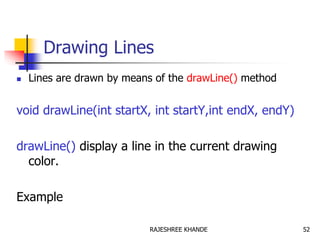 Drawing Lines
 Lines are drawn by means of the drawLine() method
void drawLine(int startX, int startY,int endX, endY)
drawLine() display a line in the current drawing
color.
Example
52RAJESHREE KHANDE
 