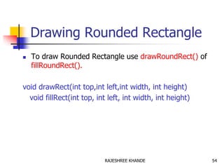 Drawing Rounded Rectangle
 To draw Rounded Rectangle use drawRoundRect() of
fillRoundRect().
void drawRect(int top,int left,int width, int height)
void fillRect(int top, int left, int width, int height)
54RAJESHREE KHANDE
 