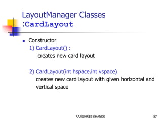 LayoutManager Classes
:CardLayout
 Constructor
1) CardLayout() :
creates new card layout
2) CardLayout(int hspace,int vspace)
creates new card layout with given horizontal and
vertical space
57RAJESHREE KHANDE
 