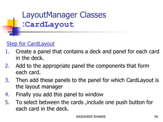 LayoutManager Classes
:CardLayout
Step for CardLayout
1. Create a panel that contains a deck and panel for each card
in the deck.
2. Add to the appropriate panel the components that form
each card.
3. Then add these panels to the panel for which CardLayout is
the layout manager
4. Finally you add this panel to window
5. To select between the cards ,include one push button for
each card in the deck.
58RAJESHREE KHANDE
 