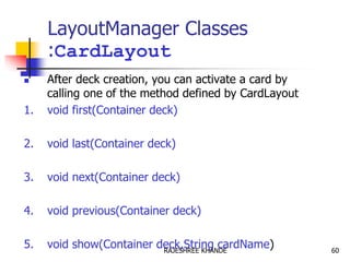 LayoutManager Classes
:CardLayout
 After deck creation, you can activate a card by
calling one of the method defined by CardLayout
1. void first(Container deck)
2. void last(Container deck)
3. void next(Container deck)
4. void previous(Container deck)
5. void show(Container deck,String cardName) 60RAJESHREE KHANDE
 