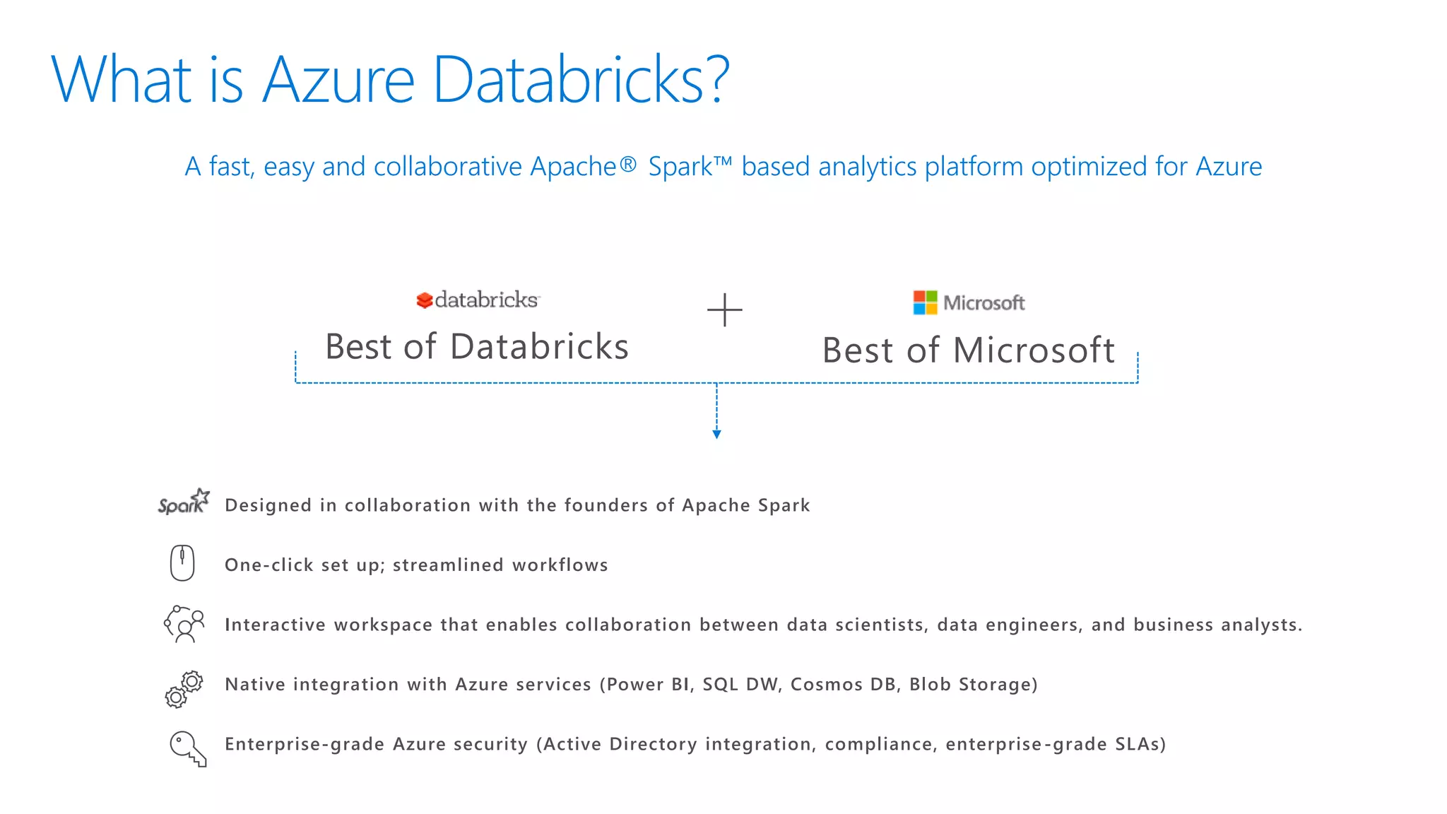 What is Azure Databricks?
A fast, easy and collaborative Apache® Spark™ based analytics platform optimized for Azure
Best of Databricks Best of Microsoft
Designed in collaboration with the founders of Apache Spark
One-click set up; streamlined workflows
Interactive workspace that enables collaboration between data scientists, data engineers, and business analysts.
Native integration with Azure services (Power BI, SQL DW, Cosmos DB, Blob Storage)
Enterprise-grade Azure security (Active Directory integration, compliance, enterprise -grade SLAs)
 