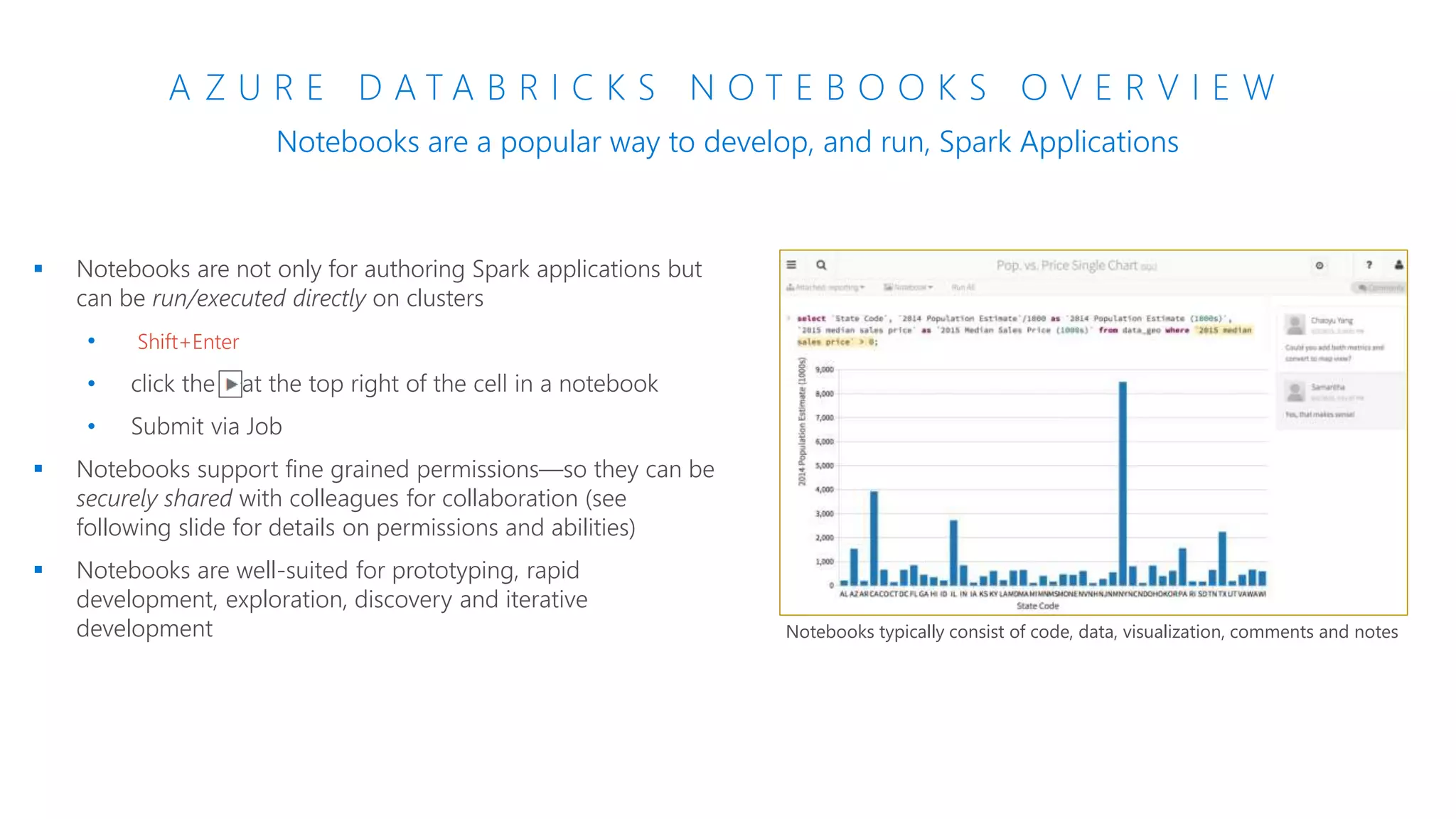 A Z U R E D A T A B R I C K S N O T E B O O K S O V E R V I E W
Notebooks are a popular way to develop, and run, Spark Applications
 Notebooks are not only for authoring Spark applications but
can be run/executed directly on clusters
• Shift+Enter
•
•
 Notebooks support fine grained permissions—so they can be
securely shared with colleagues for collaboration (see
following slide for details on permissions and abilities)
 Notebooks are well-suited for prototyping, rapid
development, exploration, discovery and iterative
development Notebooks typically consist of code, data, visualization, comments and notes
 