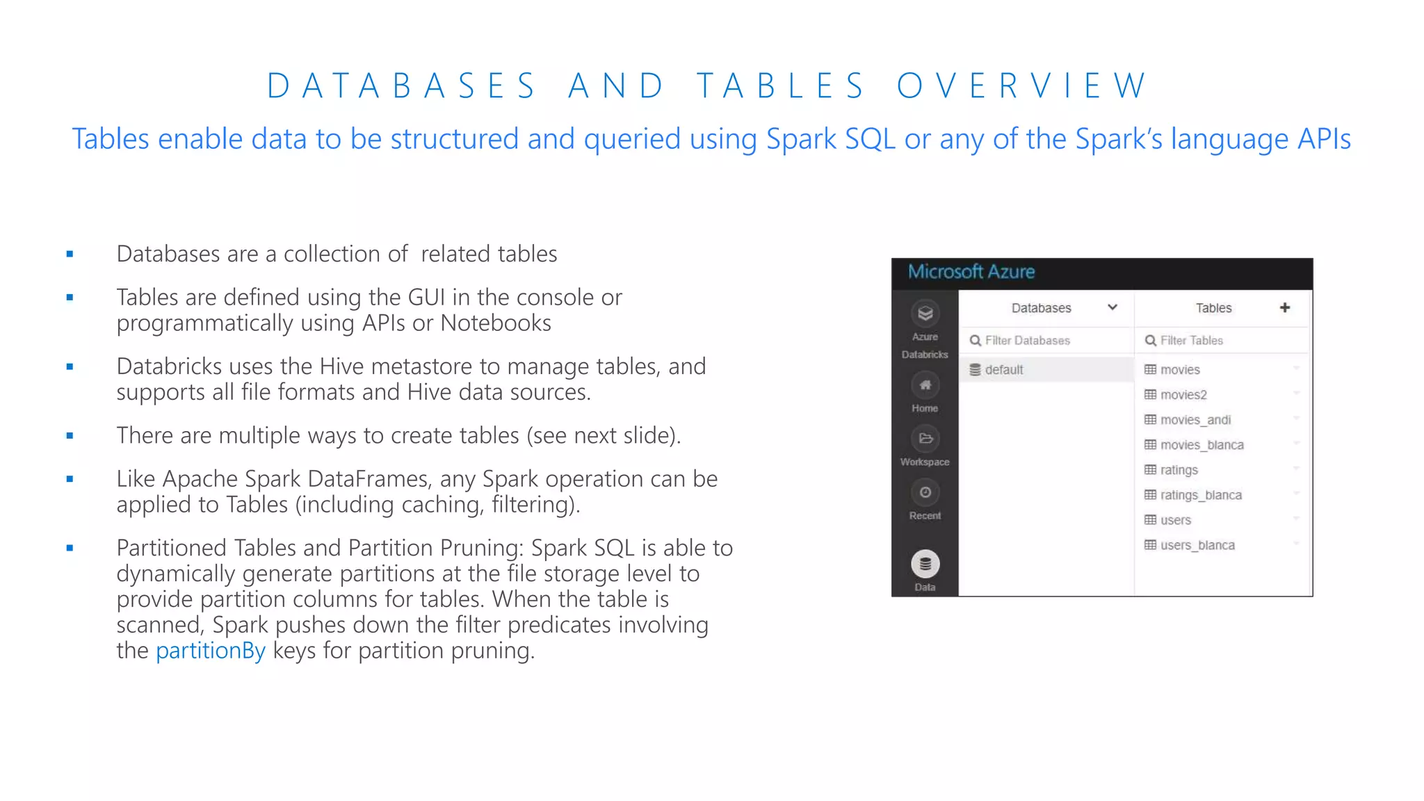 D A T A B A S E S A N D T A B L E S O V E R V I E W
Tables enable data to be structured and queried using Spark SQL or any of the Spark’s language APIs
 