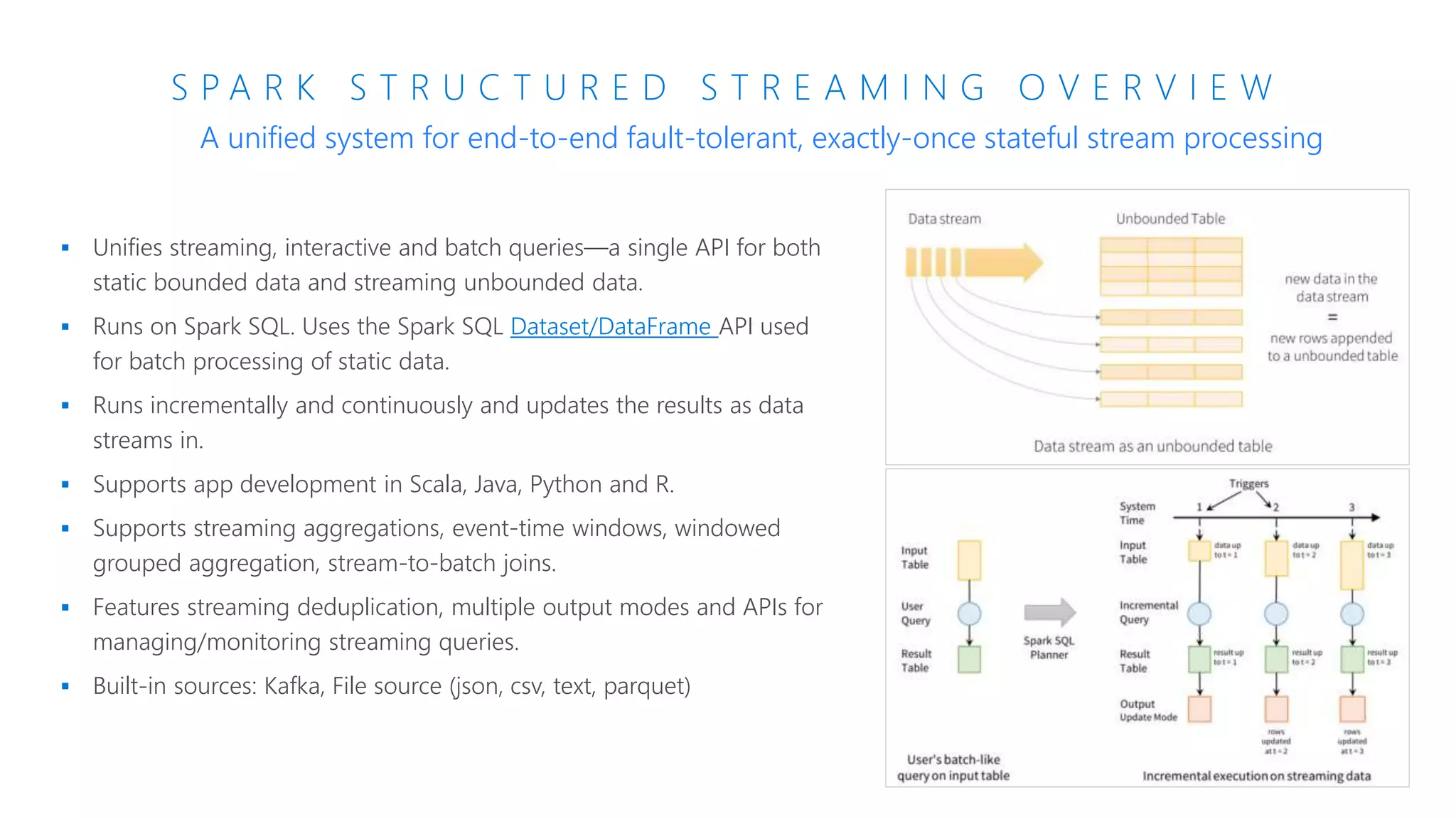 S P A R K S T R U C T U R E D S T R E A M I N G O V E R V I E W
 Unifies streaming, interactive and batch queries—a single API for both
static bounded data and streaming unbounded data.
 Runs on Spark SQL. Uses the Spark SQL Dataset/DataFrame API used
for batch processing of static data.
 Runs incrementally and continuously and updates the results as data
streams in.
 Supports app development in Scala, Java, Python and R.
 Supports streaming aggregations, event-time windows, windowed
grouped aggregation, stream-to-batch joins.
 Features streaming deduplication, multiple output modes and APIs for
managing/monitoring streaming queries.
 Built-in sources: Kafka, File source (json, csv, text, parquet)
A unified system for end-to-end fault-tolerant, exactly-once stateful stream processing
 