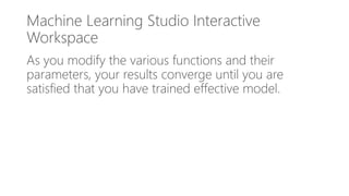 Machine Learning Studio Interactive
Workspace
As you modify the various functions and their
parameters, your results converge until you are
satisfied that you have trained effective model.
 