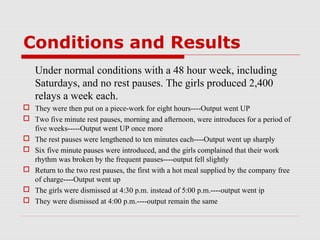 Conditions and Results
   Under normal conditions with a 48 hour week, including
   Saturdays, and no rest pauses. The girls produced 2,400
   relays a week each.
 They were then put on a piece-work for eight hours----Output went UP
 Two five minute rest pauses, morning and afternoon, were introduces for a period of
  five weeks-----Output went UP once more
 The rest pauses were lengthened to ten minutes each----Output went up sharply
 Six five minute pauses were introduced, and the girls complained that their work
  rhythm was broken by the frequent pauses----output fell slightly
 Return to the two rest pauses, the first with a hot meal supplied by the company free
  of charge----Output went up
 The girls were dismissed at 4:30 p.m. instead of 5:00 p.m.----output went ip
 They were dismissed at 4:00 p.m.----output remain the same
 