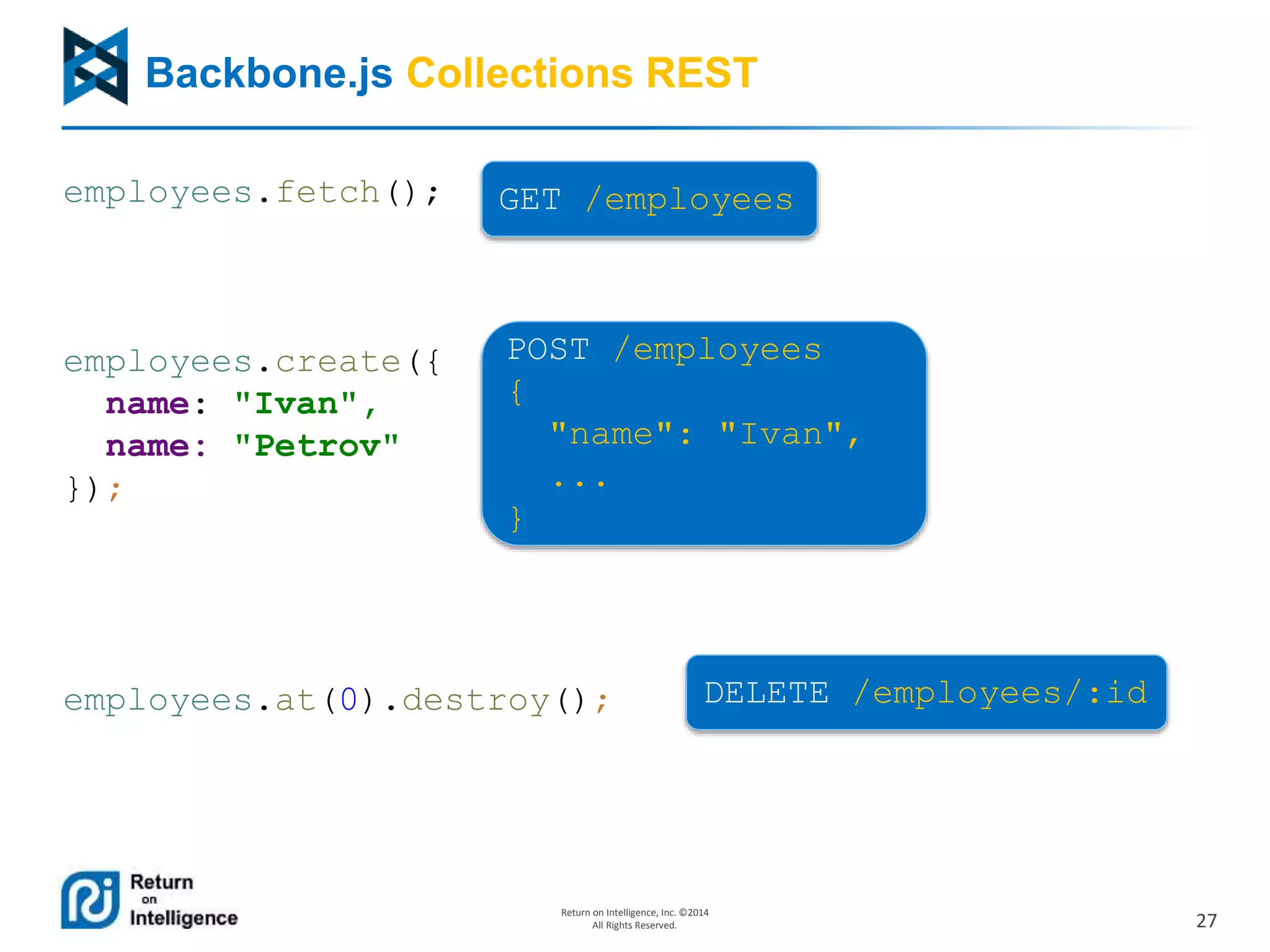 27
Return on Intelligence, Inc. ©2014
All Rights Reserved.
Backbone.js Collections REST
employees.fetch();
employees.create({
name: "Ivan",
name: "Petrov"
});
employees.at(0).destroy();
GET /employees
POST /employees
{
"name": "Ivan",
...
}
DELETE /employees/:id
 