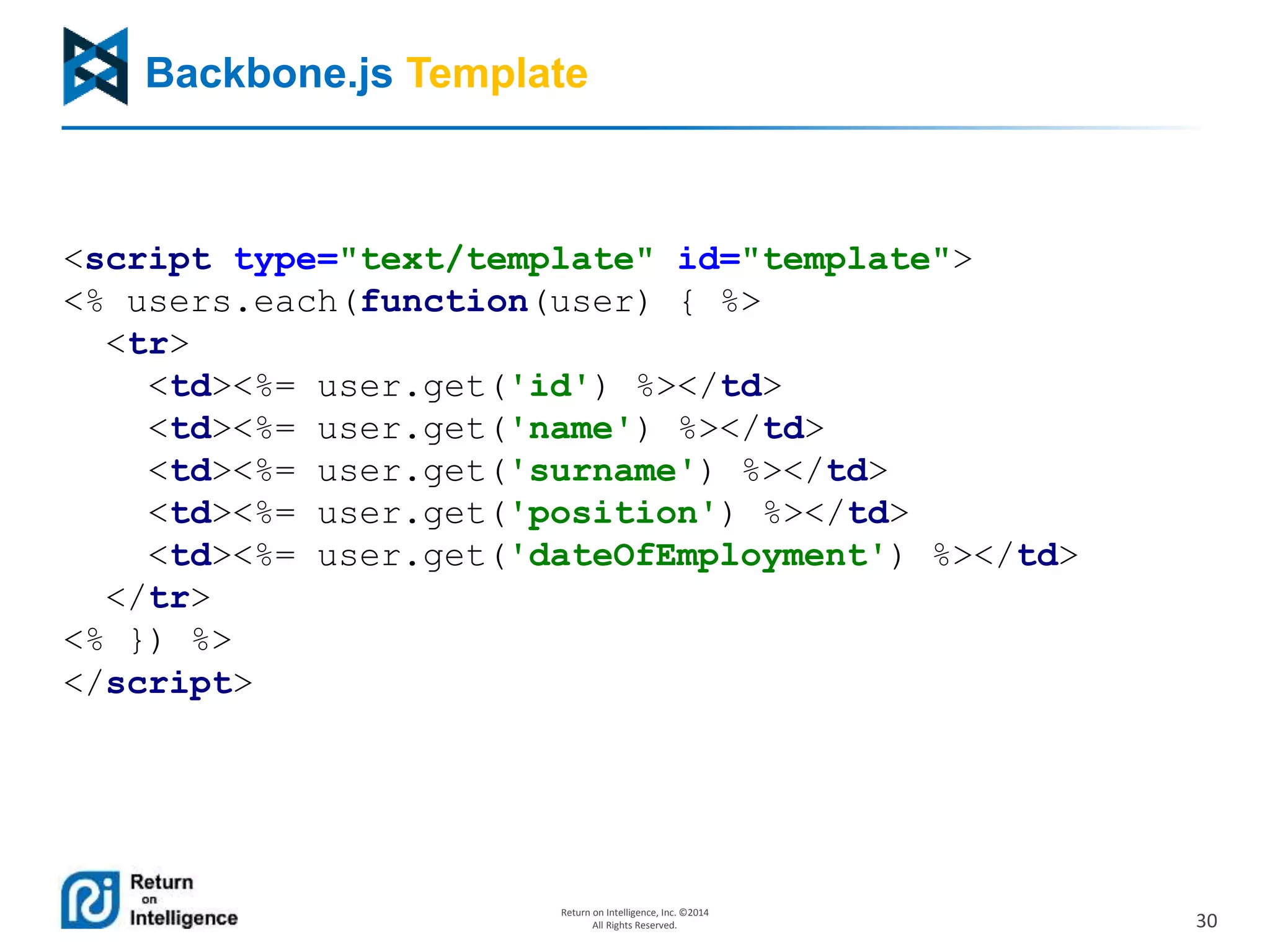 30
Return on Intelligence, Inc. ©2014
All Rights Reserved.
Backbone.js Template
<script type="text/template" id="template">
<% users.each(function(user) { %>
<tr>
<td><%= user.get('id') %></td>
<td><%= user.get('name') %></td>
<td><%= user.get('surname') %></td>
<td><%= user.get('position') %></td>
<td><%= user.get('dateOfEmployment') %></td>
</tr>
<% }) %>
</script>
 