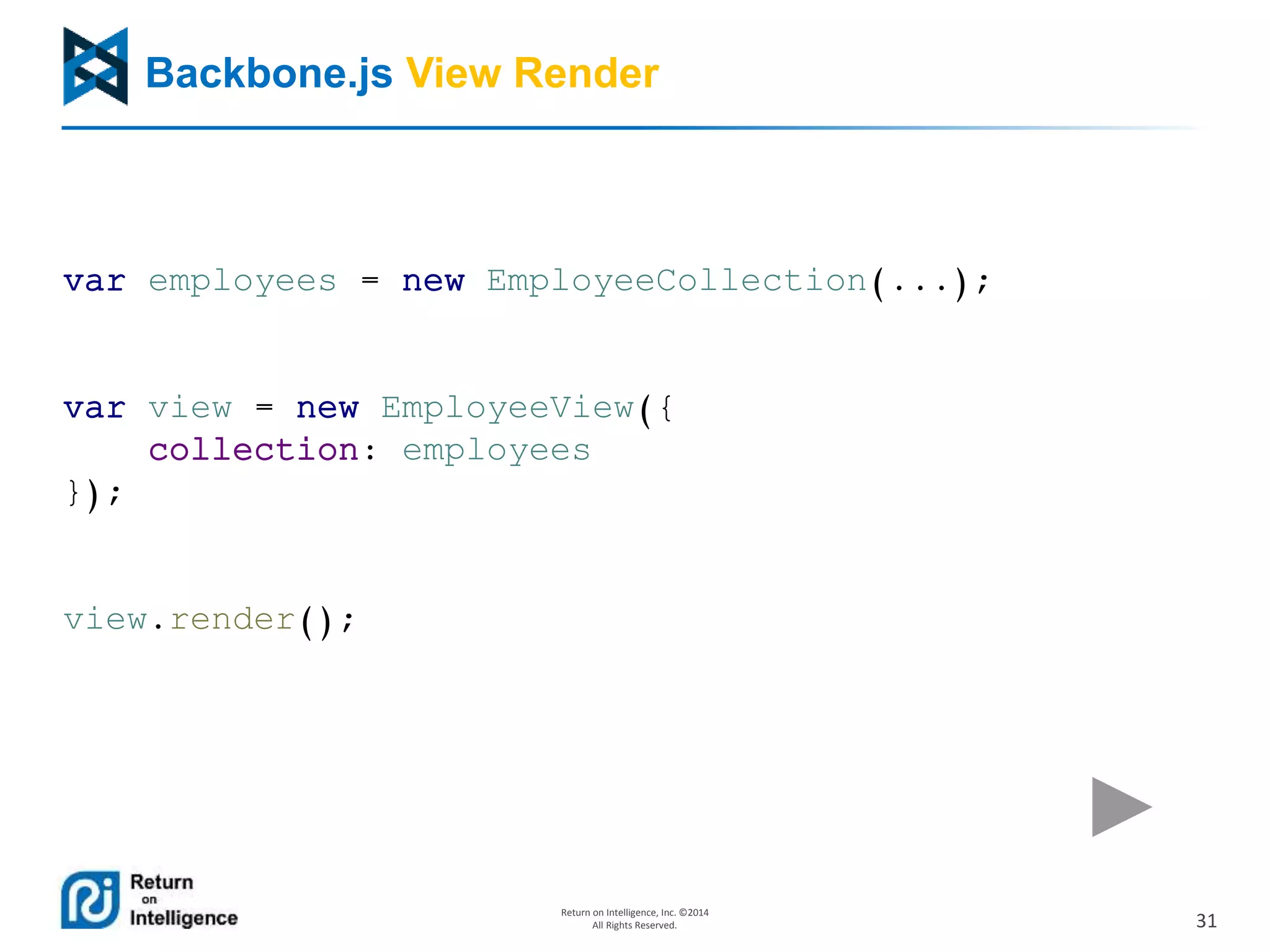 31
Return on Intelligence, Inc. ©2014
All Rights Reserved.
Backbone.js View Render
var employees = new EmployeeCollection(...);
var view = new EmployeeView({
collection: employees
});
view.render();
 
