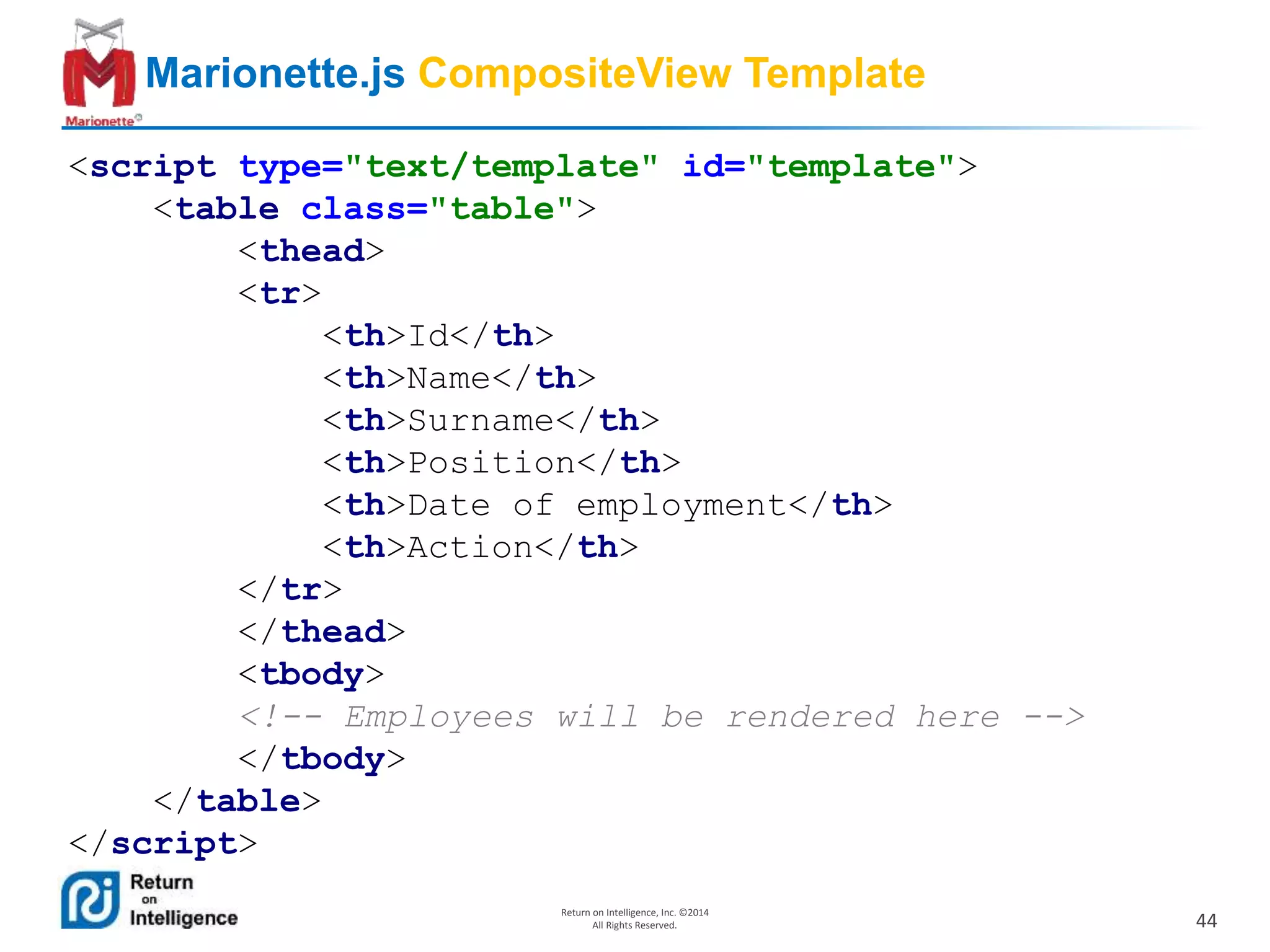 44
Return on Intelligence, Inc. ©2014
All Rights Reserved.
Marionette.js CompositeView Template
<script type="text/template" id="template">
<table class="table">
<thead>
<tr>
<th>Id</th>
<th>Name</th>
<th>Surname</th>
<th>Position</th>
<th>Date of employment</th>
<th>Action</th>
</tr>
</thead>
<tbody>
<!-- Employees will be rendered here -->
</tbody>
</table>
</script>
 