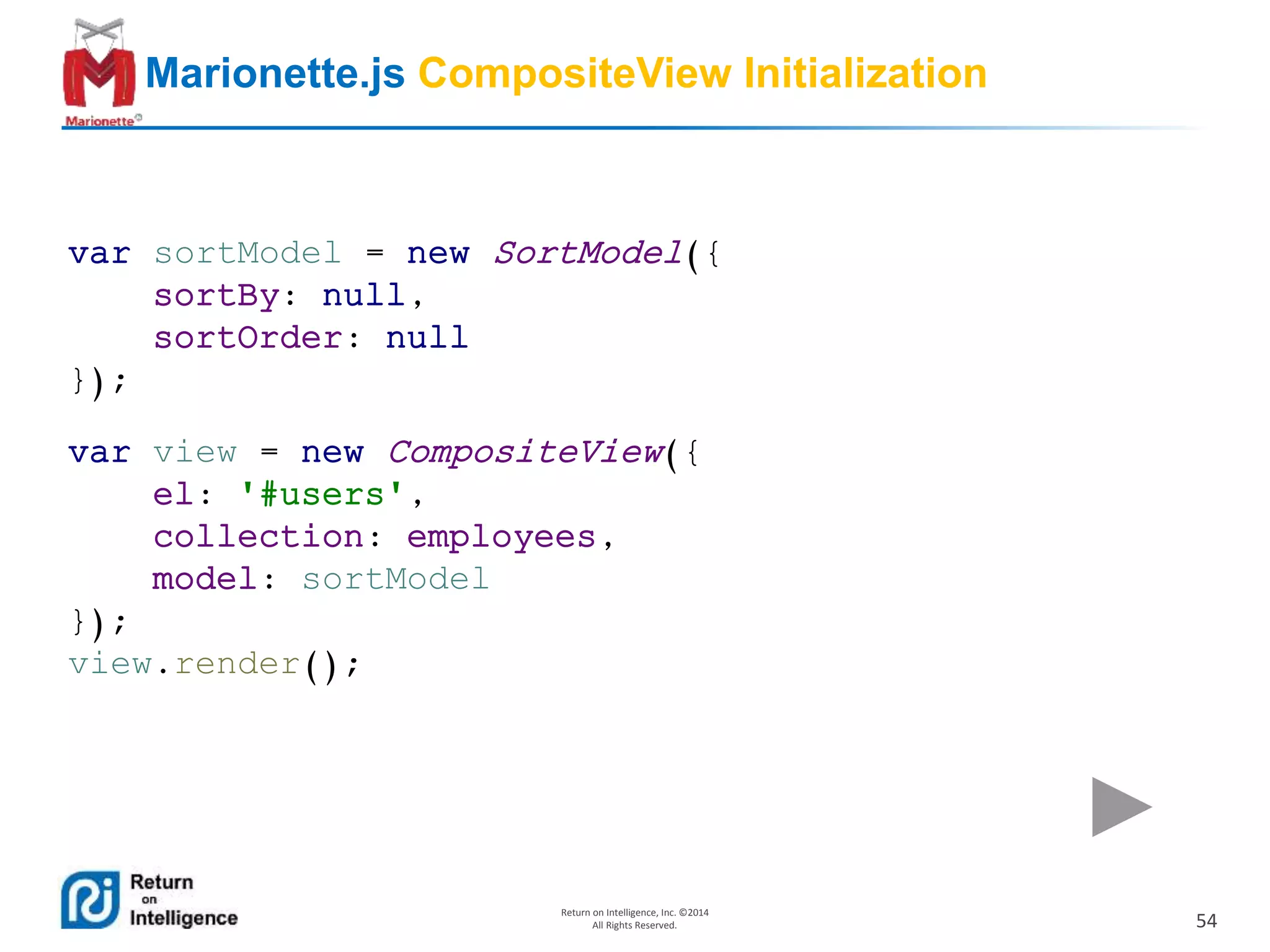 54
Return on Intelligence, Inc. ©2014
All Rights Reserved.
Marionette.js CompositeView Initialization
var view = new CompositeView({
el: '#users',
collection: employees,
model: sortModel
});
view.render();
var sortModel = new SortModel({
sortBy: null,
sortOrder: null
});
 