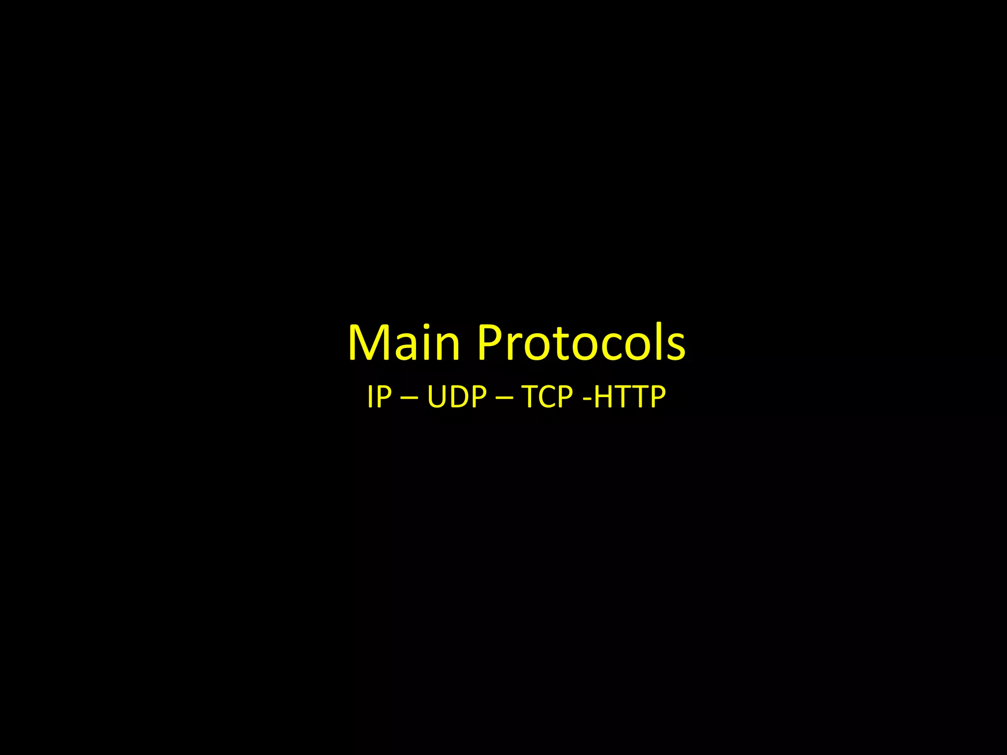 Main Protocols
IP – UDP – TCP -HTTP
 
