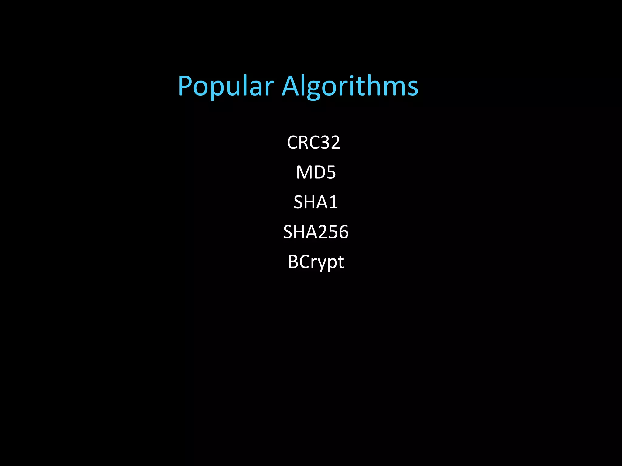 CRC32
MD5
SHA1
SHA256
BCrypt
Popular Algorithms
 