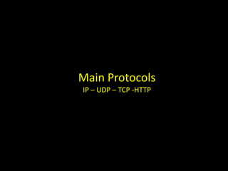 Main Protocols
IP – UDP – TCP -HTTP
 
